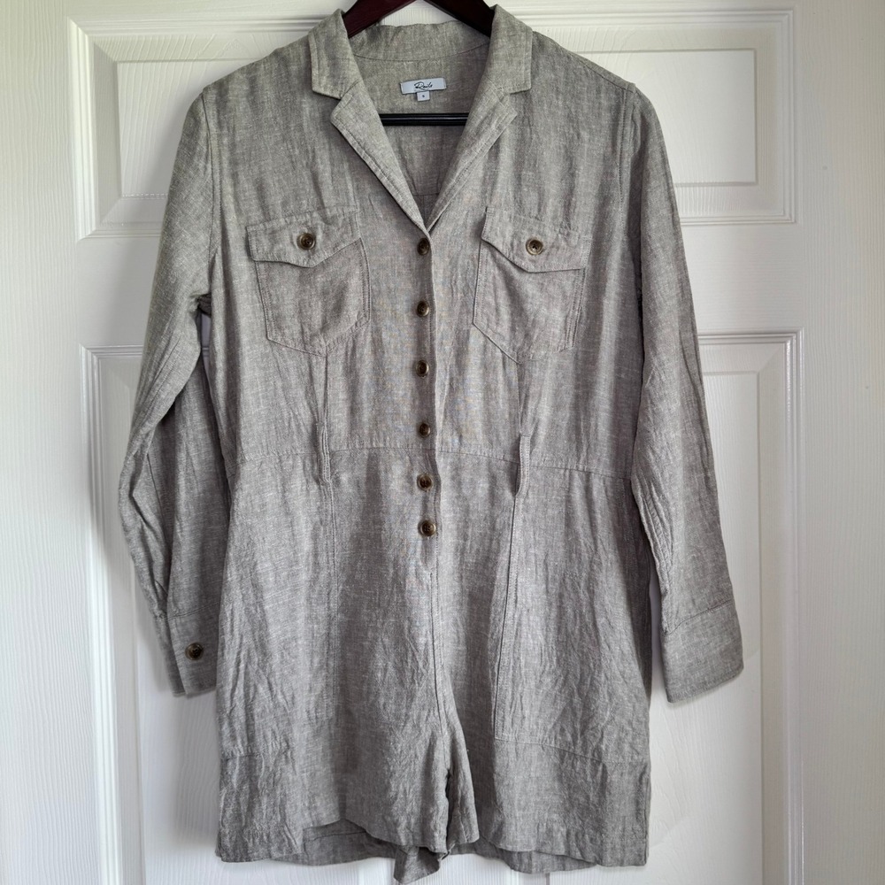 Rails Womens Linen Blend Button Front Long Sleeve‎ Romper In Beige Size S